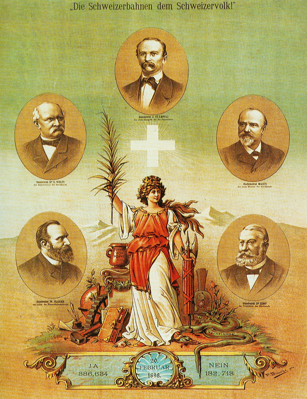 Plakat zur Gründung der SBB von Fritz Boscovits, 1898